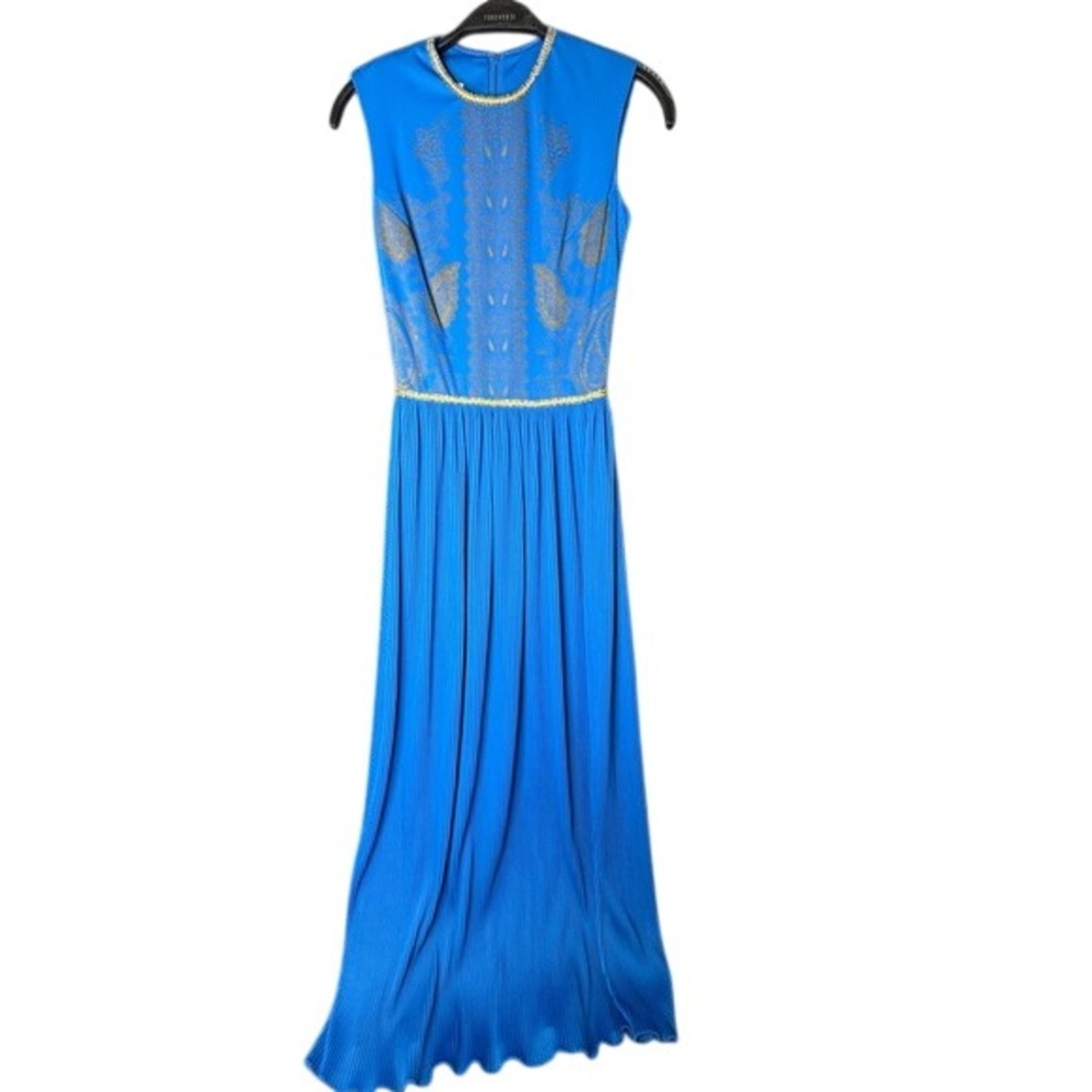 Vintage Alfred Shaheen Blue Gold Paisley Pleated Maxi Dress 969-03 Size 6 Mens